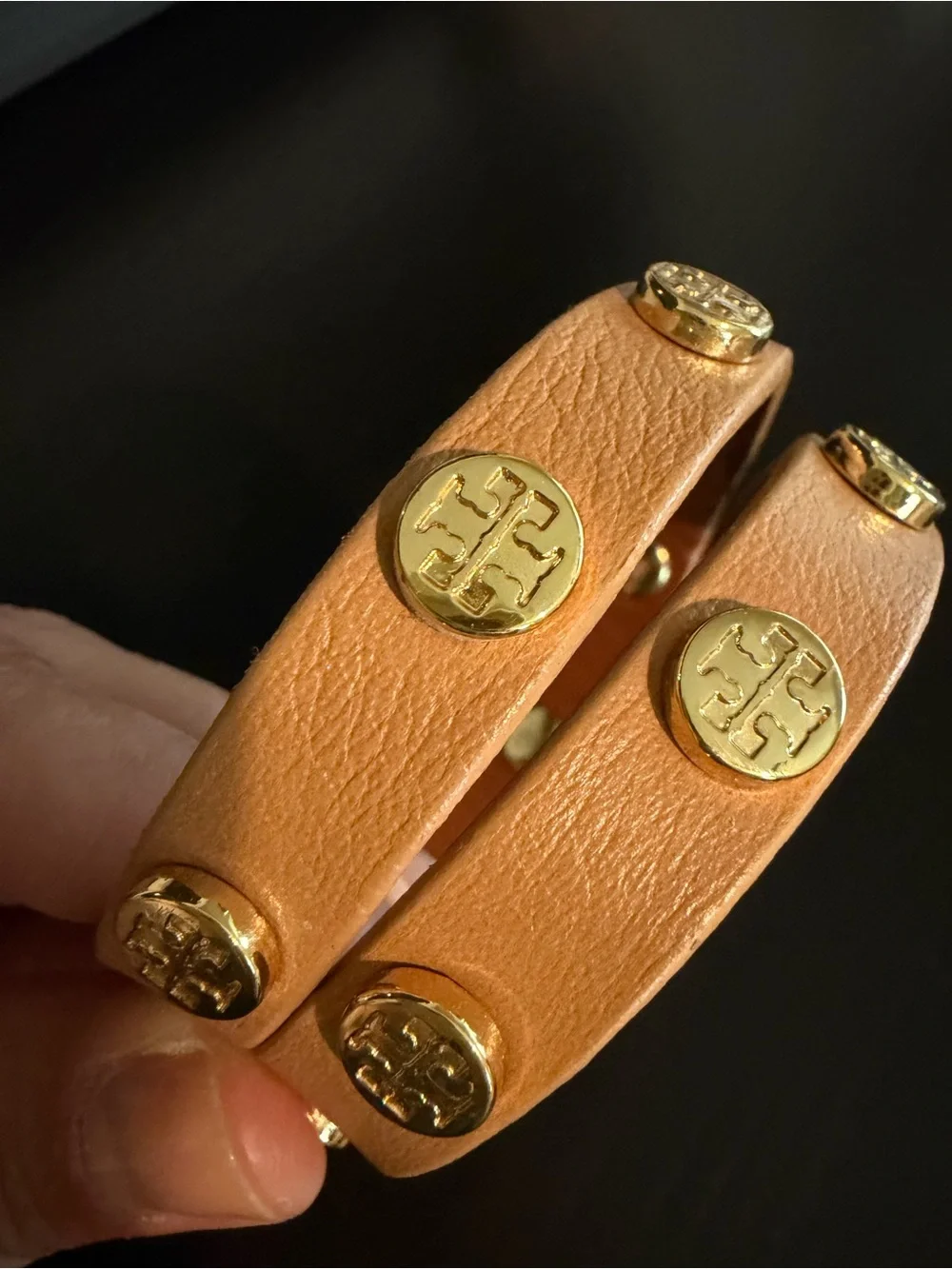 Tory Burch Tan Leather Double-Wrap Logo Bracelet with Gold Accents